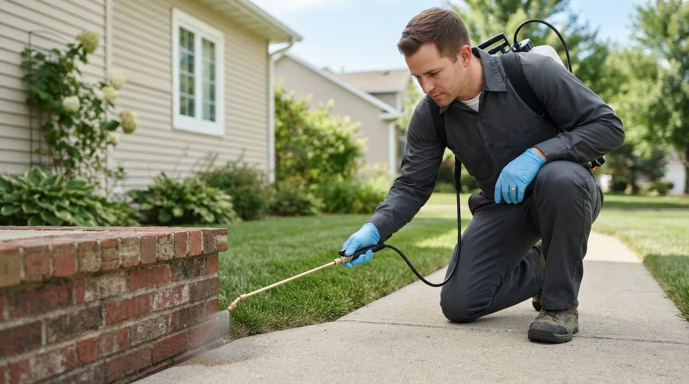 Pest control technician treating a home near Raymond, CA