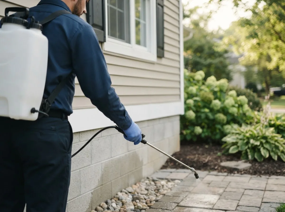 Pest control technician inspecting a home in Raymond, CA